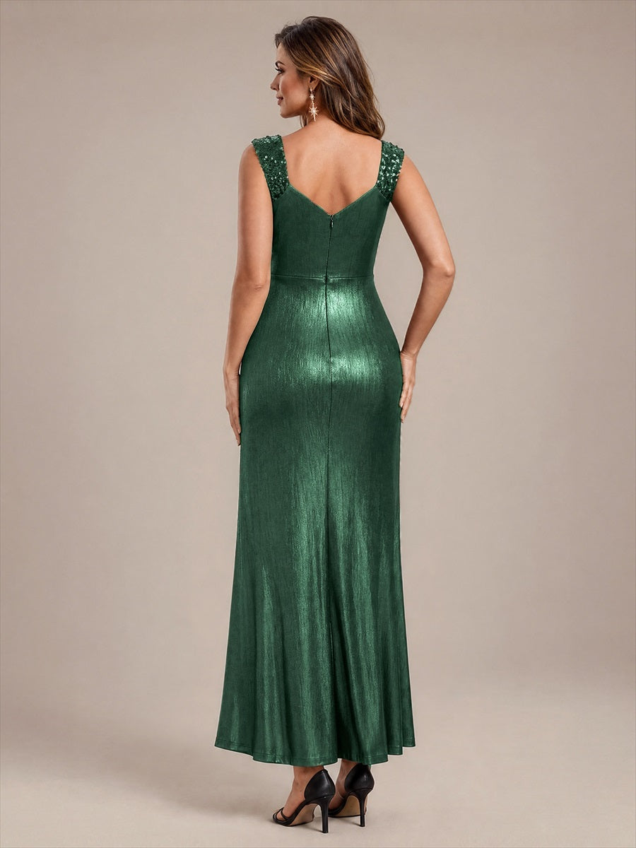 Jersey Ajustée Col V Sans Manches Robe de Soirée #Couleur_Vert Fonce
