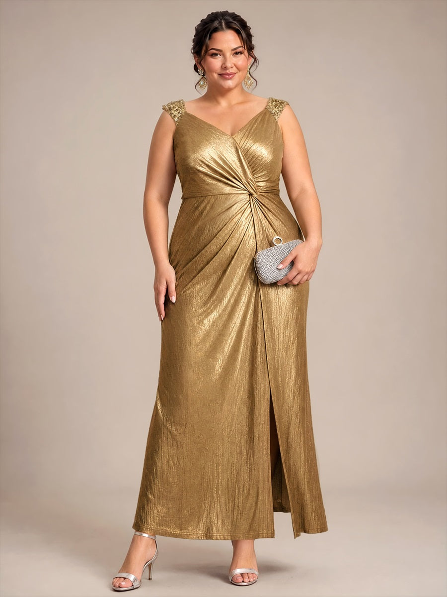 Jersey Ajustée Col V Sans Manches Robe de Soirée #Couleur_Dorée