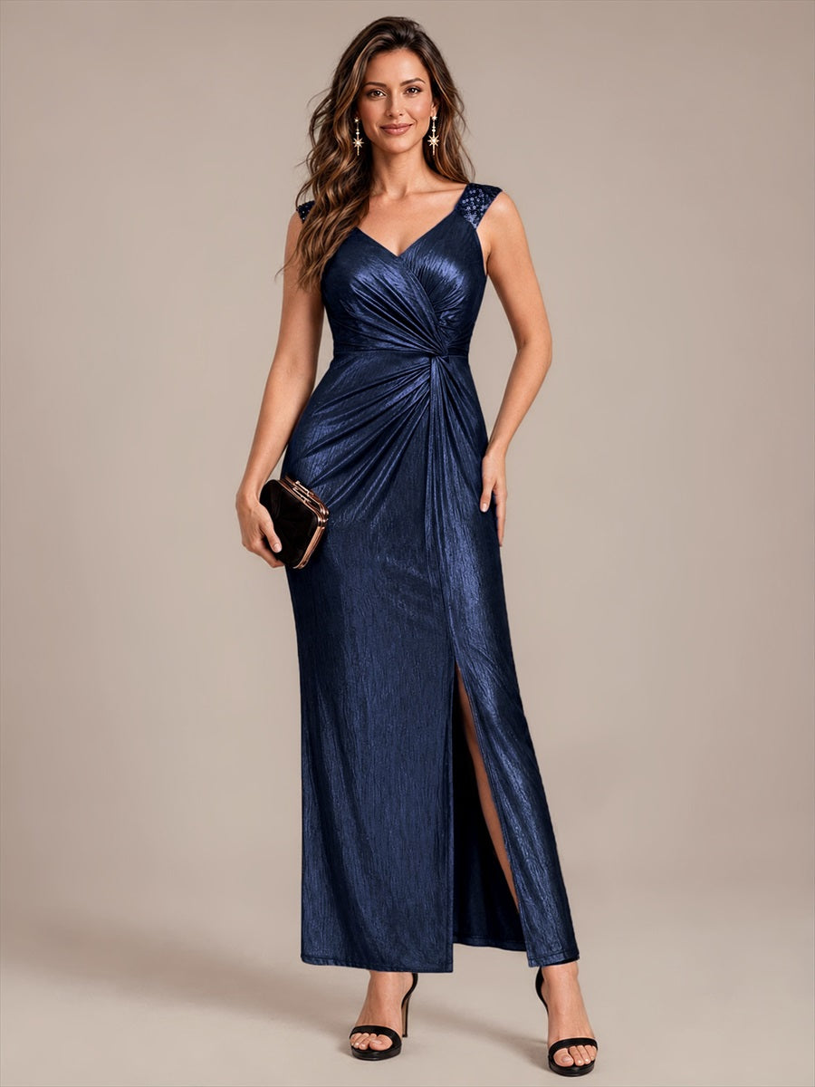 Jersey Ajustée Col V Sans Manches Robe de Soirée #Couleur_Bleu Marine