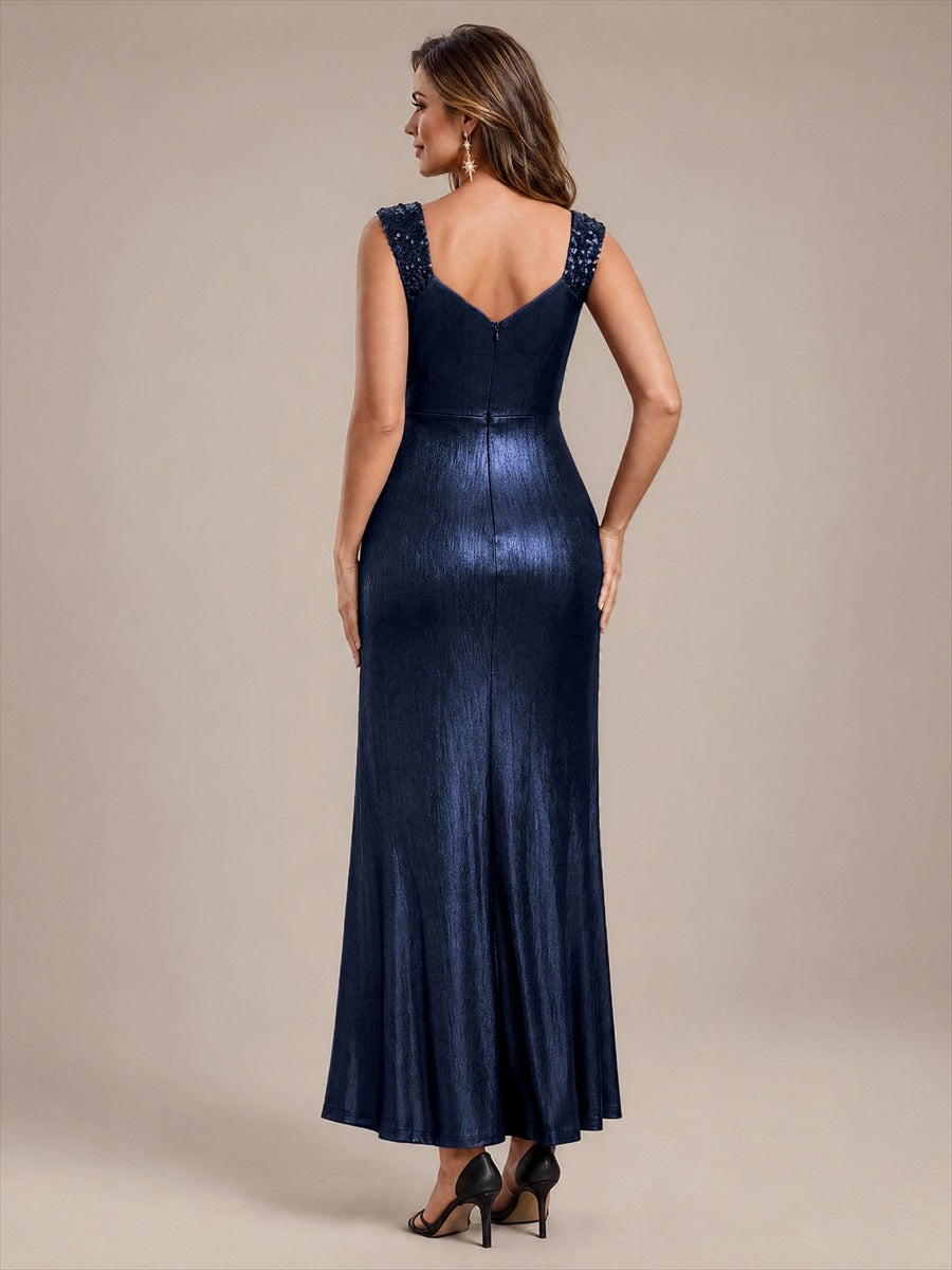 Jersey Ajustée Col V Sans Manches Robe de Soirée #Couleur_Bleu Marine
