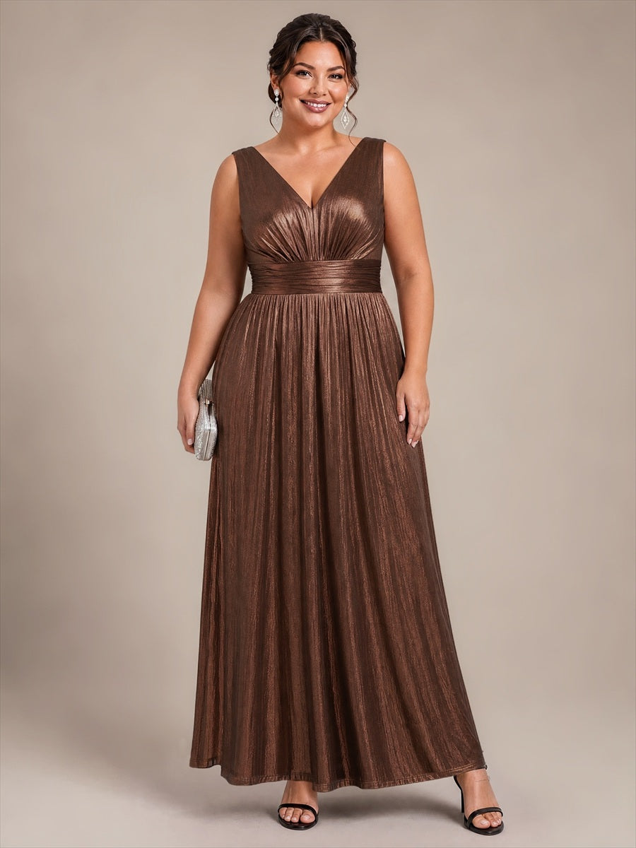 Robe A-Line sans manches très extensible avec décolleté en V et fermeture éclair au dos #Couleur_Marron chocolat