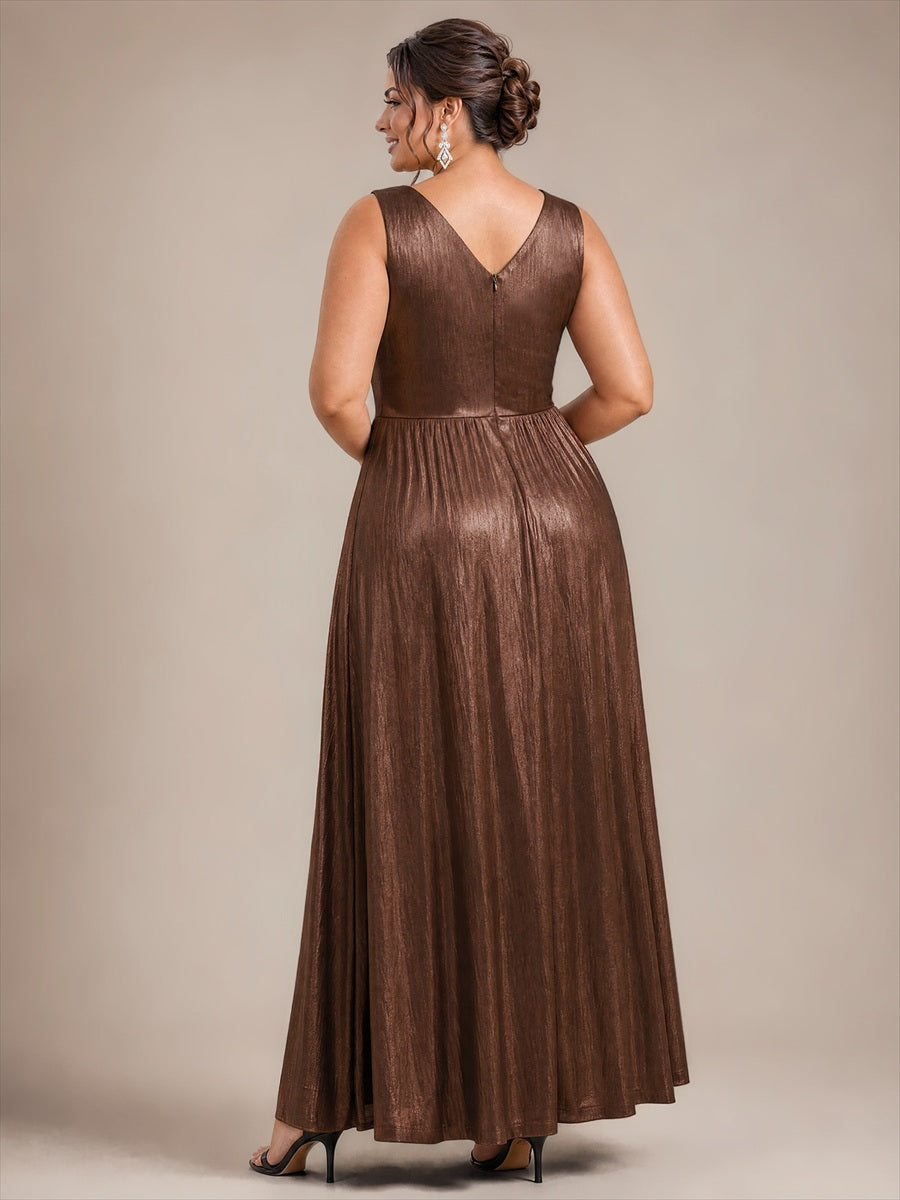 Robe A-Line sans manches très extensible avec décolleté en V et fermeture éclair au dos #Couleur_Marron chocolat