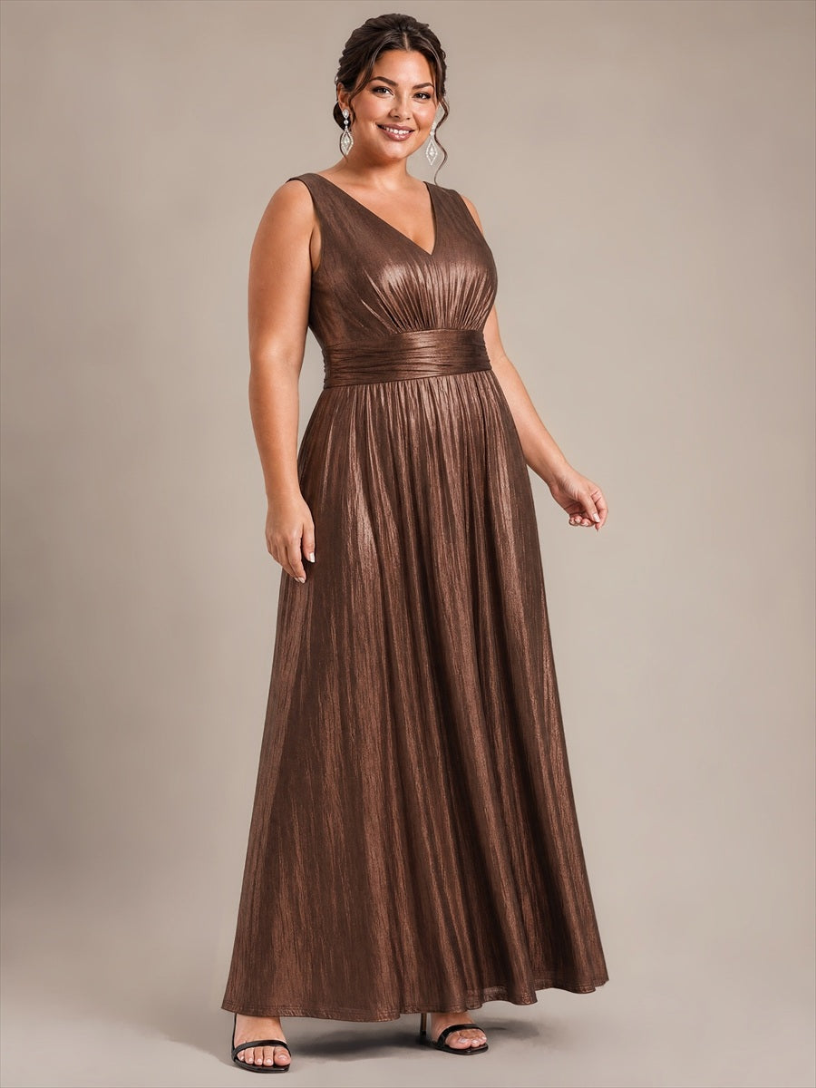 Robe A-Line sans manches très extensible avec décolleté en V et fermeture éclair au dos #Couleur_Marron chocolat