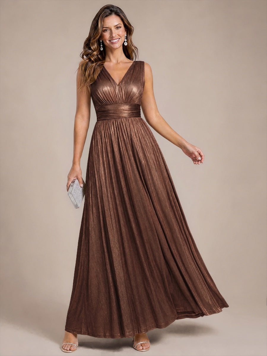 Robe A-Line sans manches très extensible avec décolleté en V et fermeture éclair au dos #Couleur_Marron chocolat