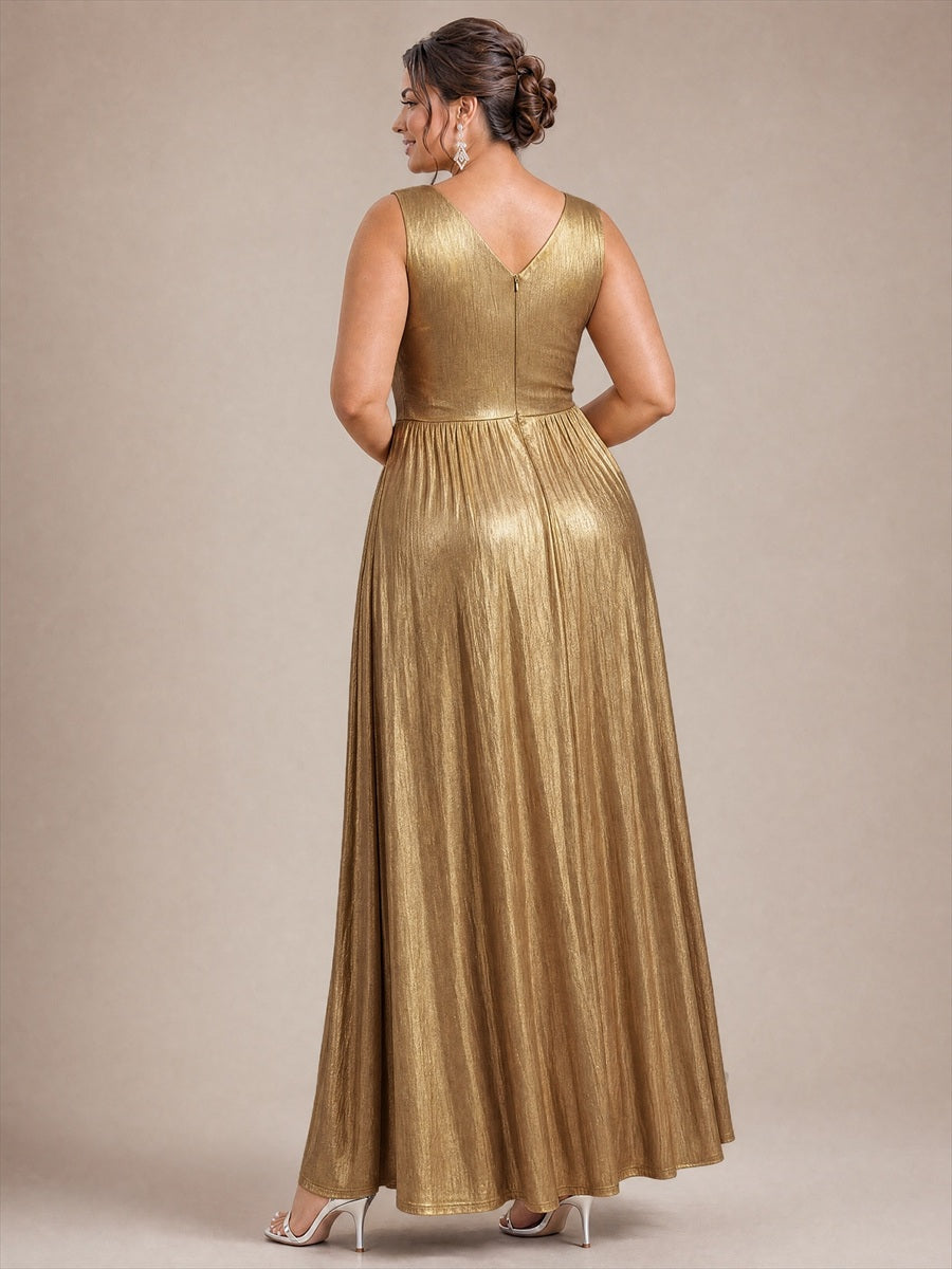 Robe A-Line sans manches très extensible avec décolleté en V et fermeture éclair au dos #Couleur_Dorée