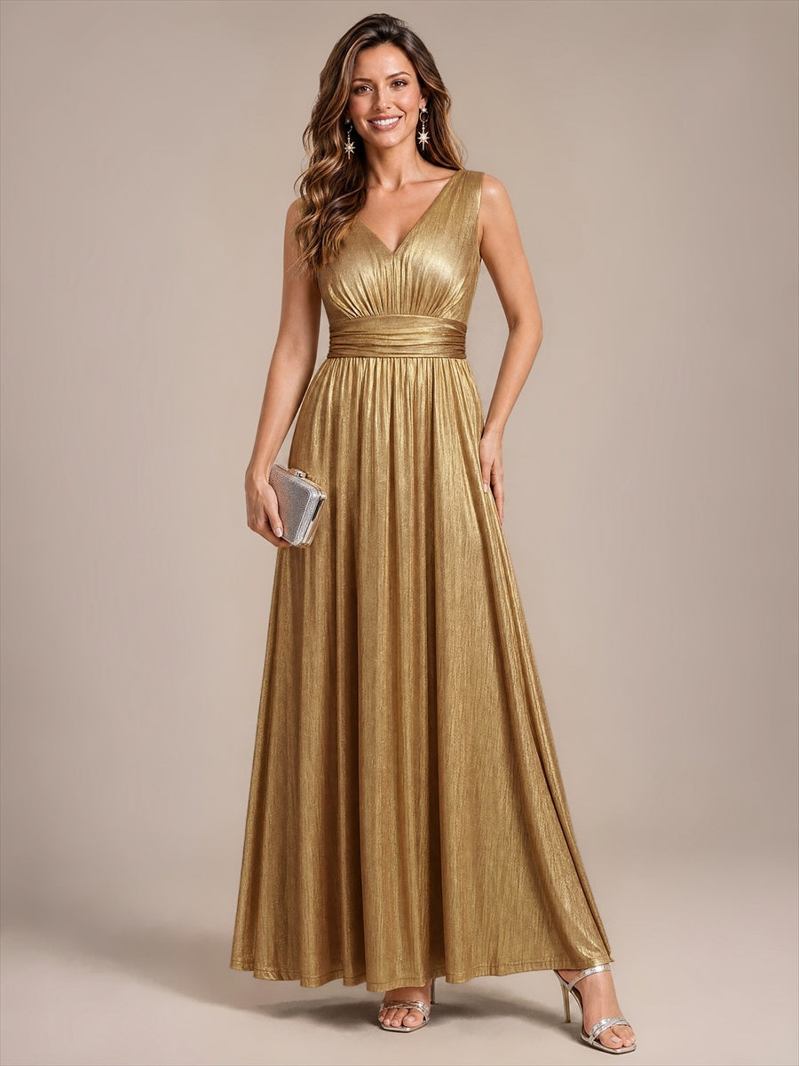 Robe A-Line sans manches très extensible avec décolleté en V et fermeture éclair au dos #Couleur_Dorée