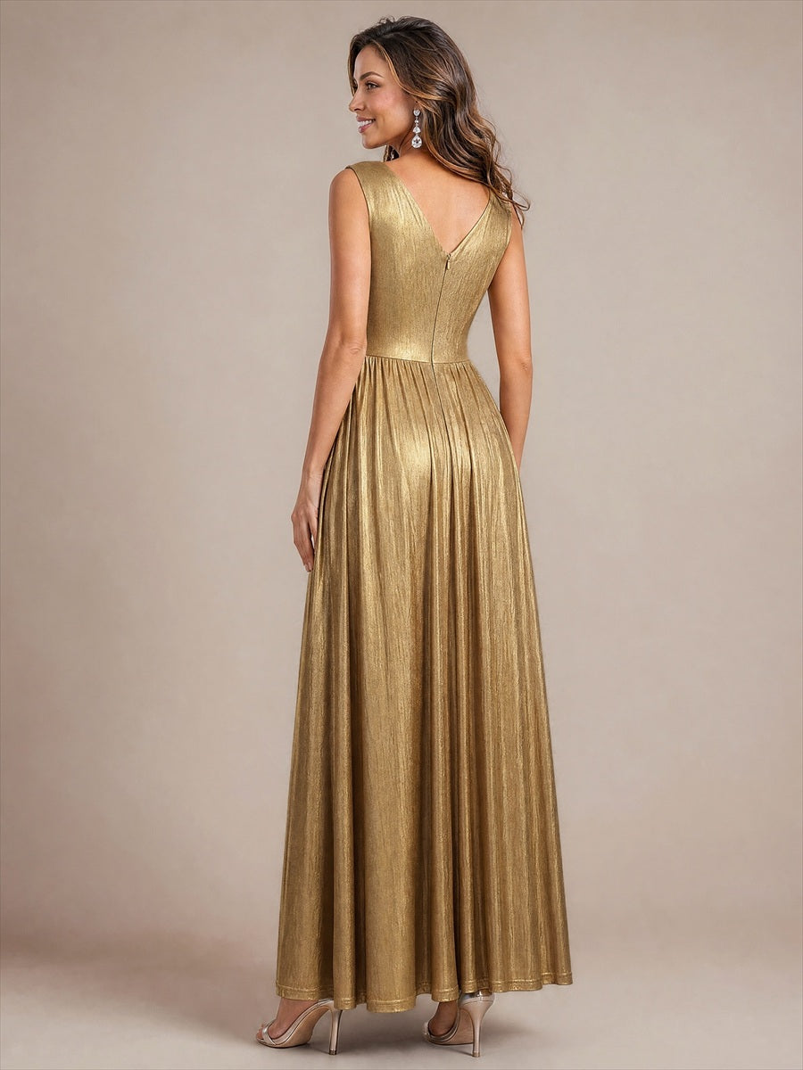 Robe A-Line sans manches très extensible avec décolleté en V et fermeture éclair au dos #Couleur_Dorée
