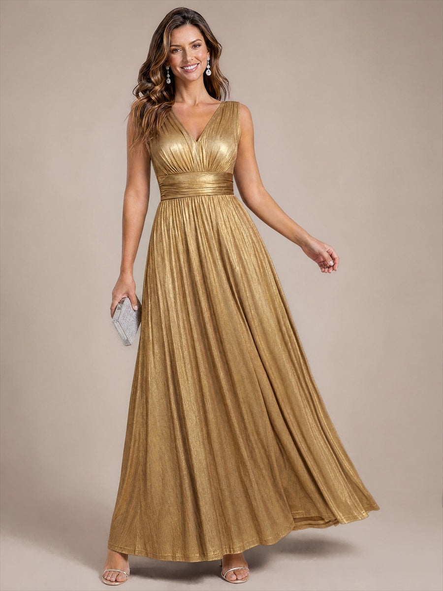 Robe A-Line sans manches très extensible avec décolleté en V et fermeture éclair au dos #Couleur_Dorée