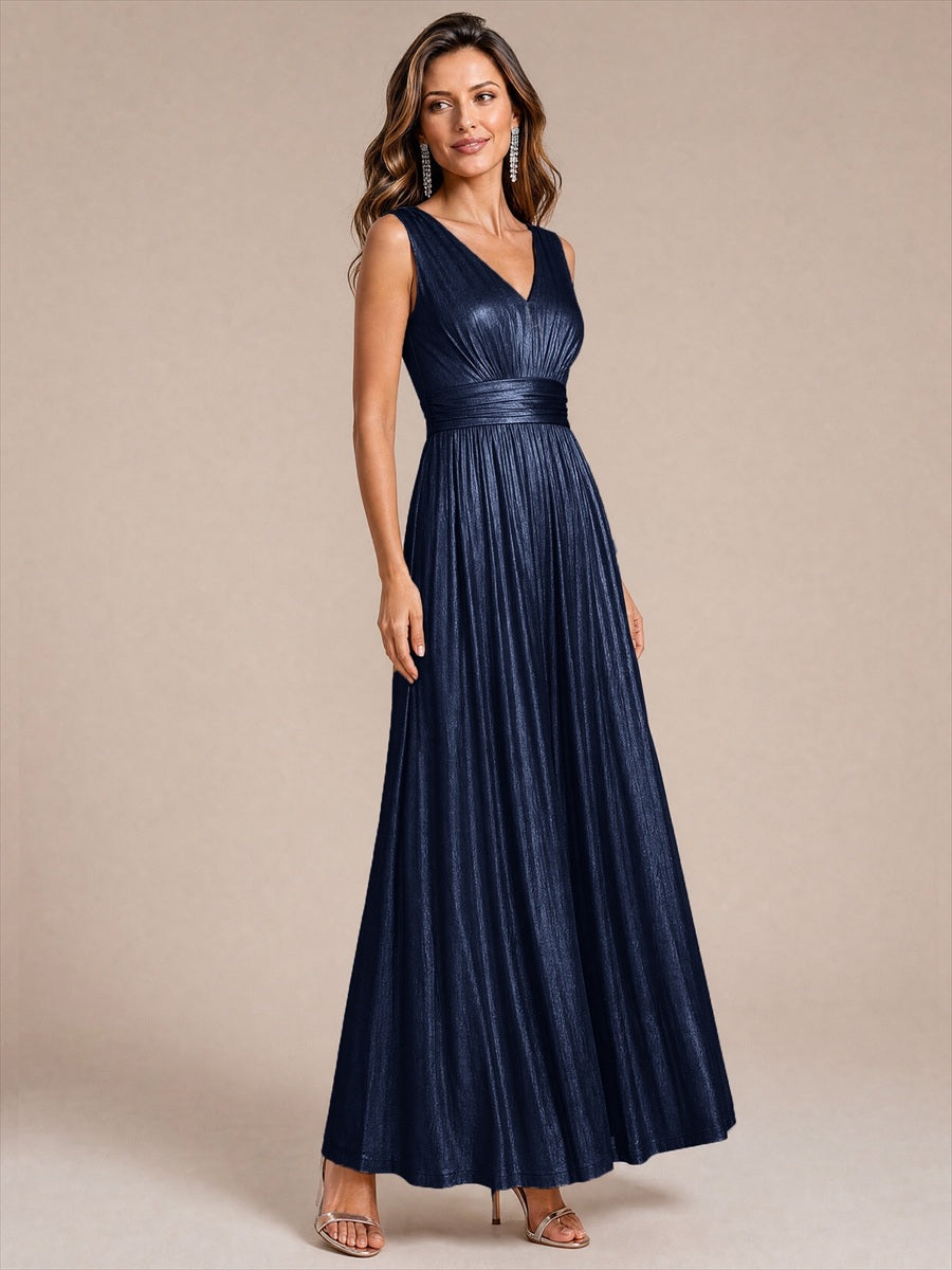 Robe A-Line sans manches très extensible avec décolleté en V et fermeture éclair au dos #Couleur_Bleu Marine