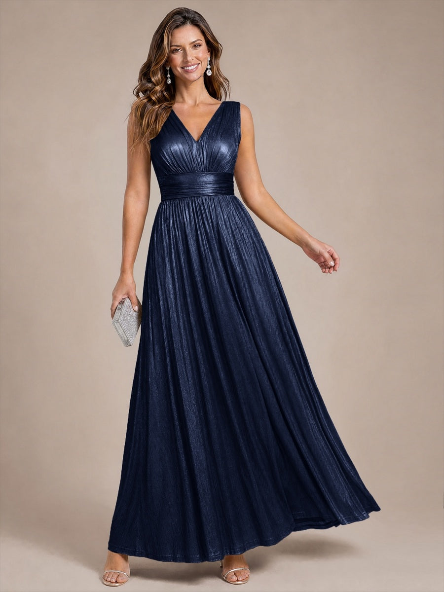 Robe A-Line sans manches très extensible avec décolleté en V et fermeture éclair au dos #Couleur_Bleu Marine