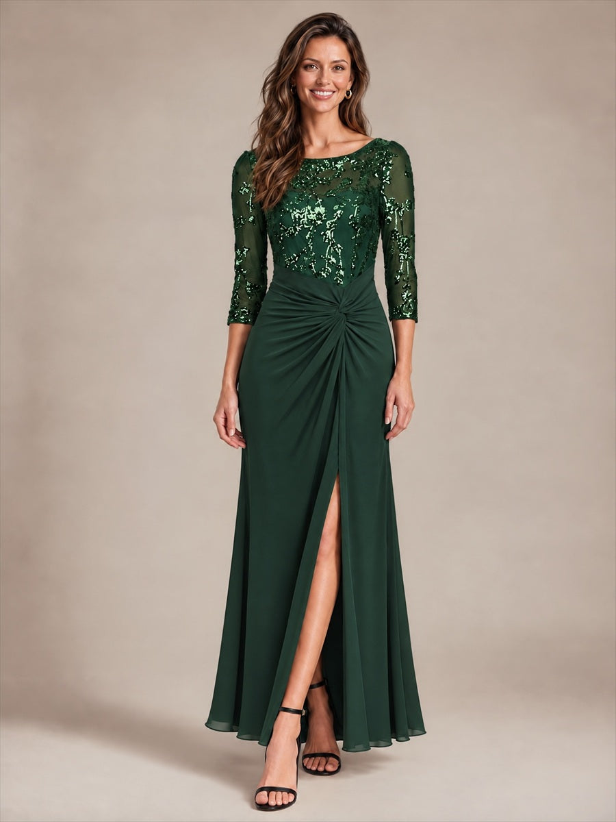 robe maxi à manches trois quarts col rond avec ourlet asymétrique et détail de nœud #Couleur_Vert forêt foncé