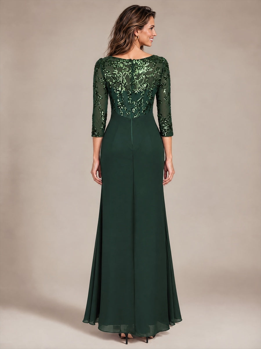 robe maxi à manches trois quarts col rond avec ourlet asymétrique et détail de nœud #Couleur_Vert forêt foncé