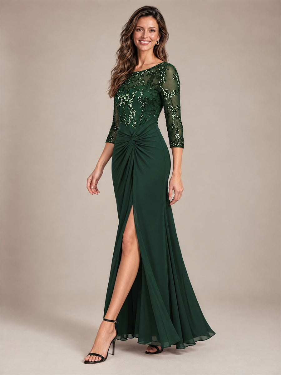 robe maxi à manches trois quarts col rond avec ourlet asymétrique et détail de nœud #Couleur_Vert forêt foncé