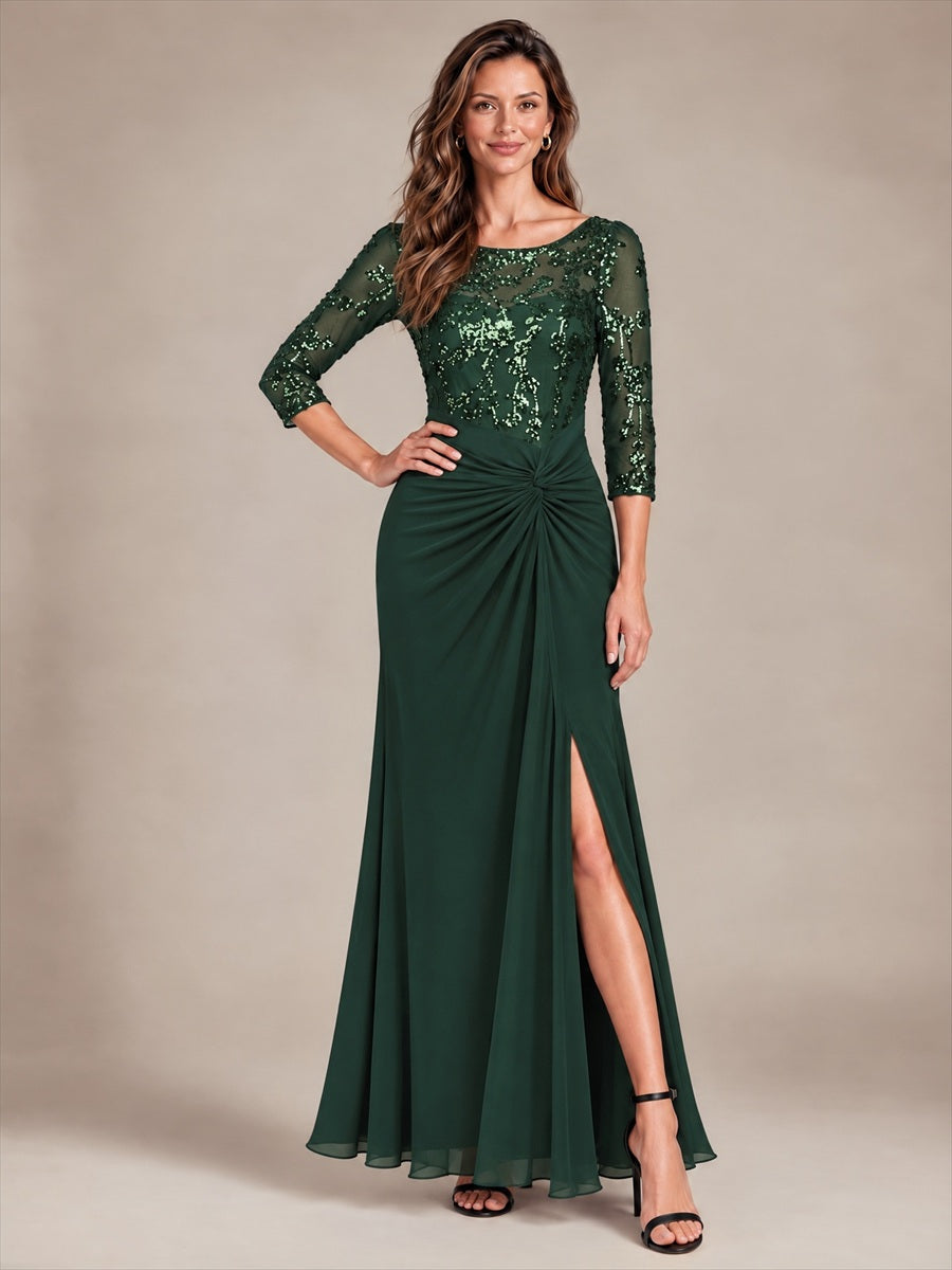 robe maxi à manches trois quarts col rond avec ourlet asymétrique et détail de nœud #Couleur_Vert forêt foncé