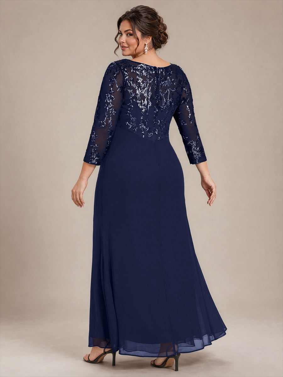 robe maxi à manches trois quarts col rond avec ourlet asymétrique et détail de nœud #Couleur_Bleu Marine