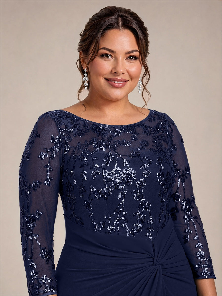robe maxi à manches trois quarts col rond avec ourlet asymétrique et détail de nœud #Couleur_Bleu Marine