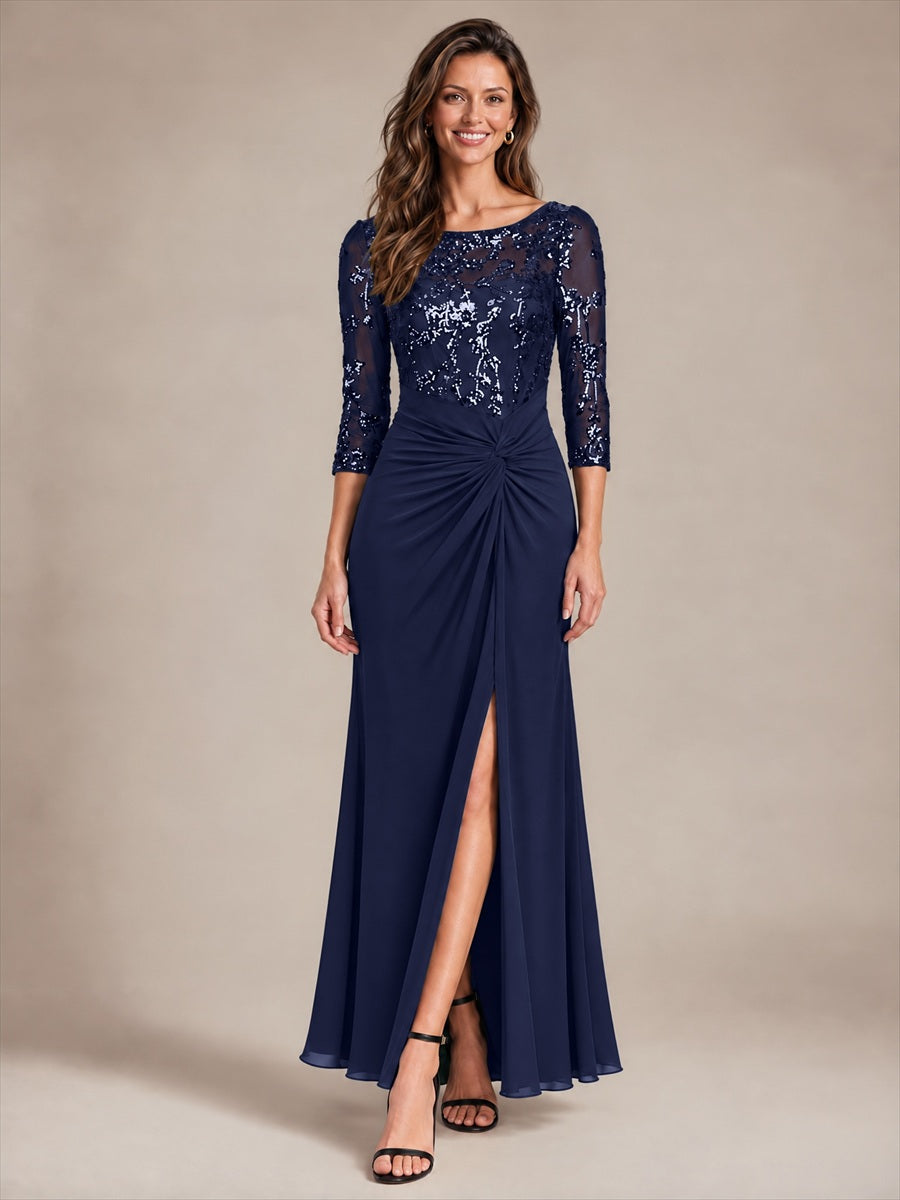 robe maxi à manches trois quarts col rond avec ourlet asymétrique et détail de nœud #Couleur_Bleu Marine