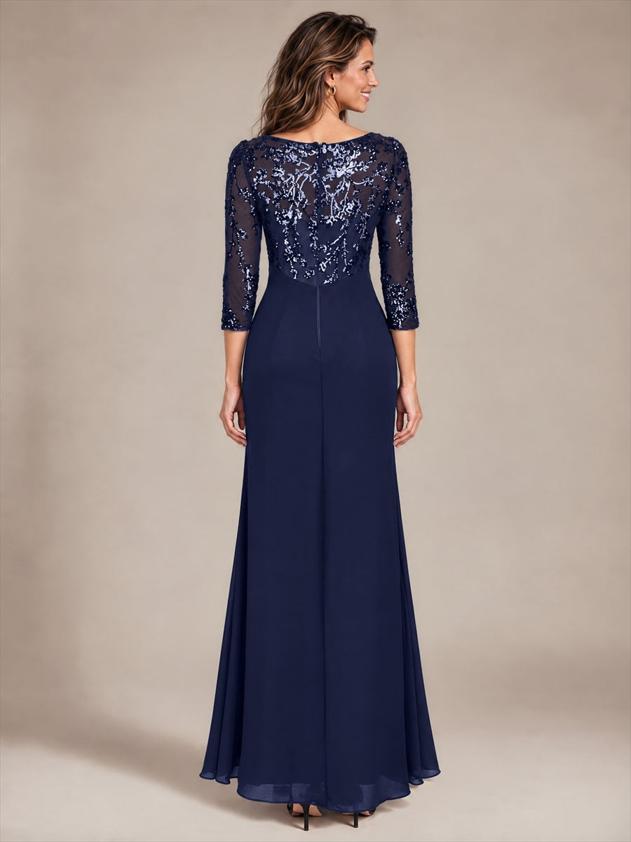 robe maxi à manches trois quarts col rond avec ourlet asymétrique et détail de nœud #Couleur_Bleu Marine