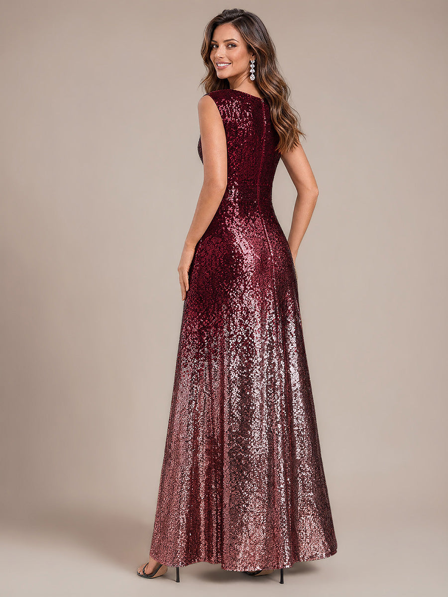 À sequins, col V, sans manches Robe de Soirée #Couleur_Bordeaux et rose