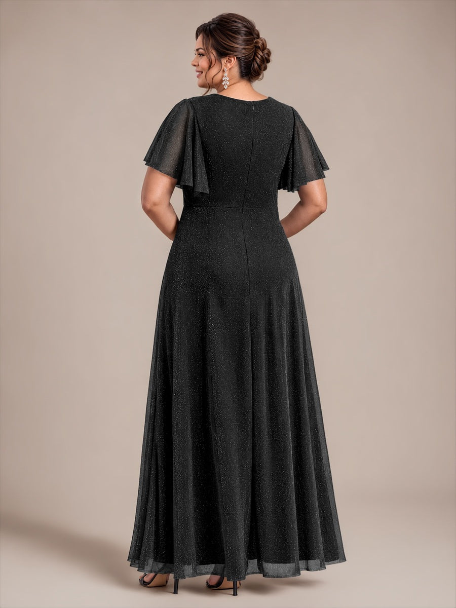 robe maxi plissée à manches courtes en V avec ourlet volant et fermeture éclair au dos #Couleur_Noir