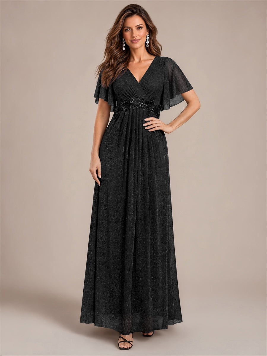 robe maxi plissée à manches courtes en V avec ourlet volant et fermeture éclair au dos #Couleur_Noir
