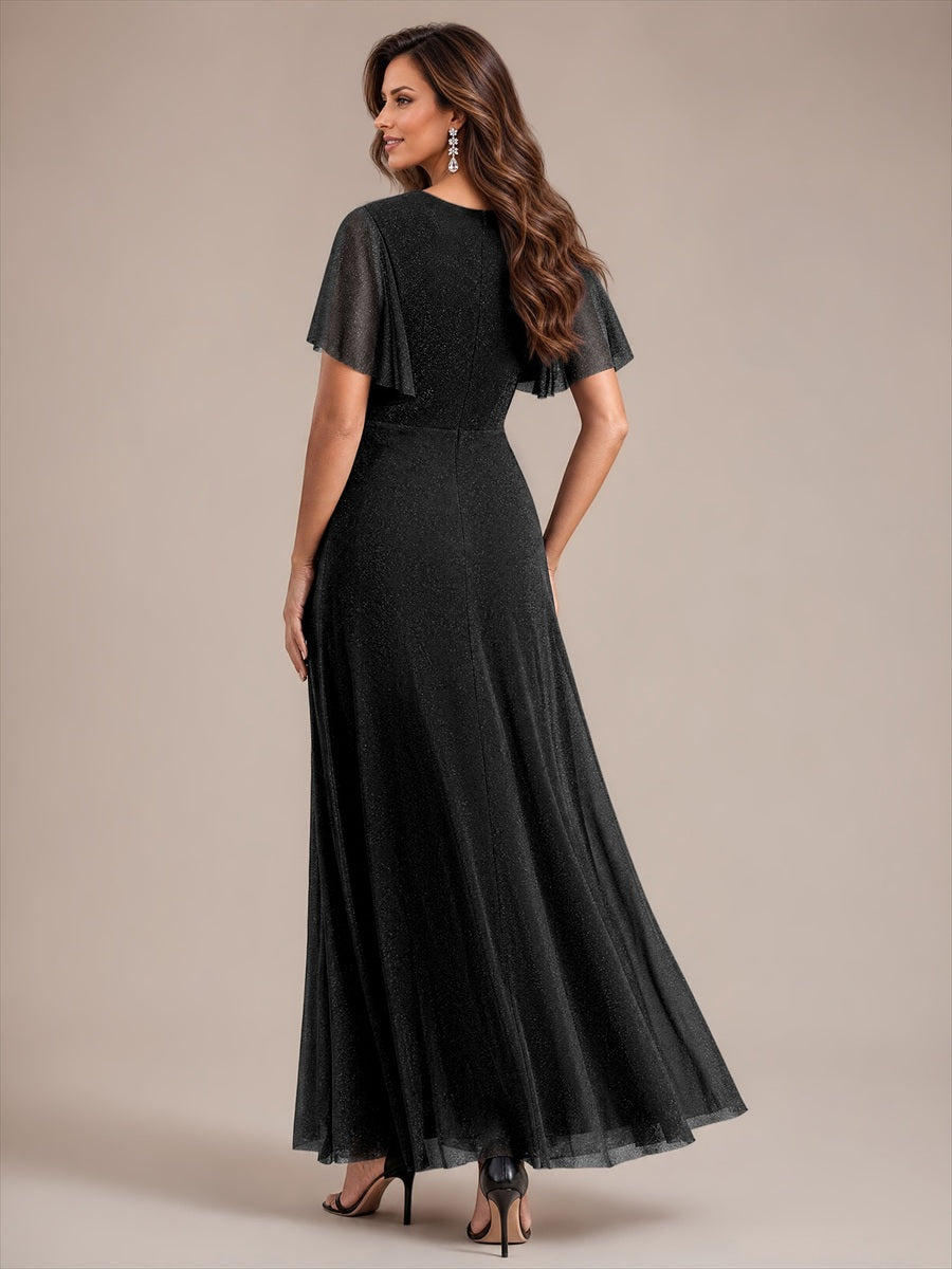 robe maxi plissée à manches courtes en V avec ourlet volant et fermeture éclair au dos #Couleur_Noir