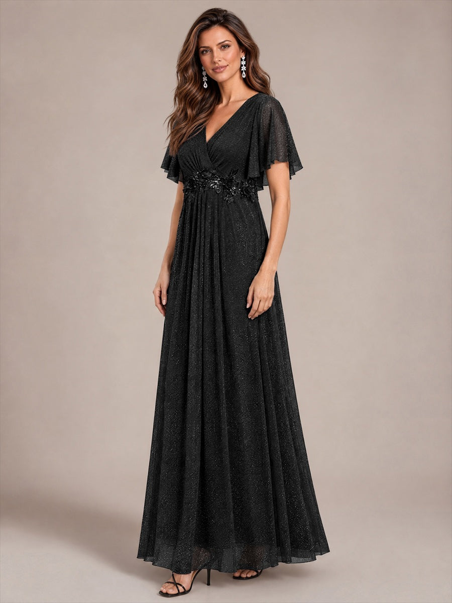 robe maxi plissée à manches courtes en V avec ourlet volant et fermeture éclair au dos #Couleur_Noir
