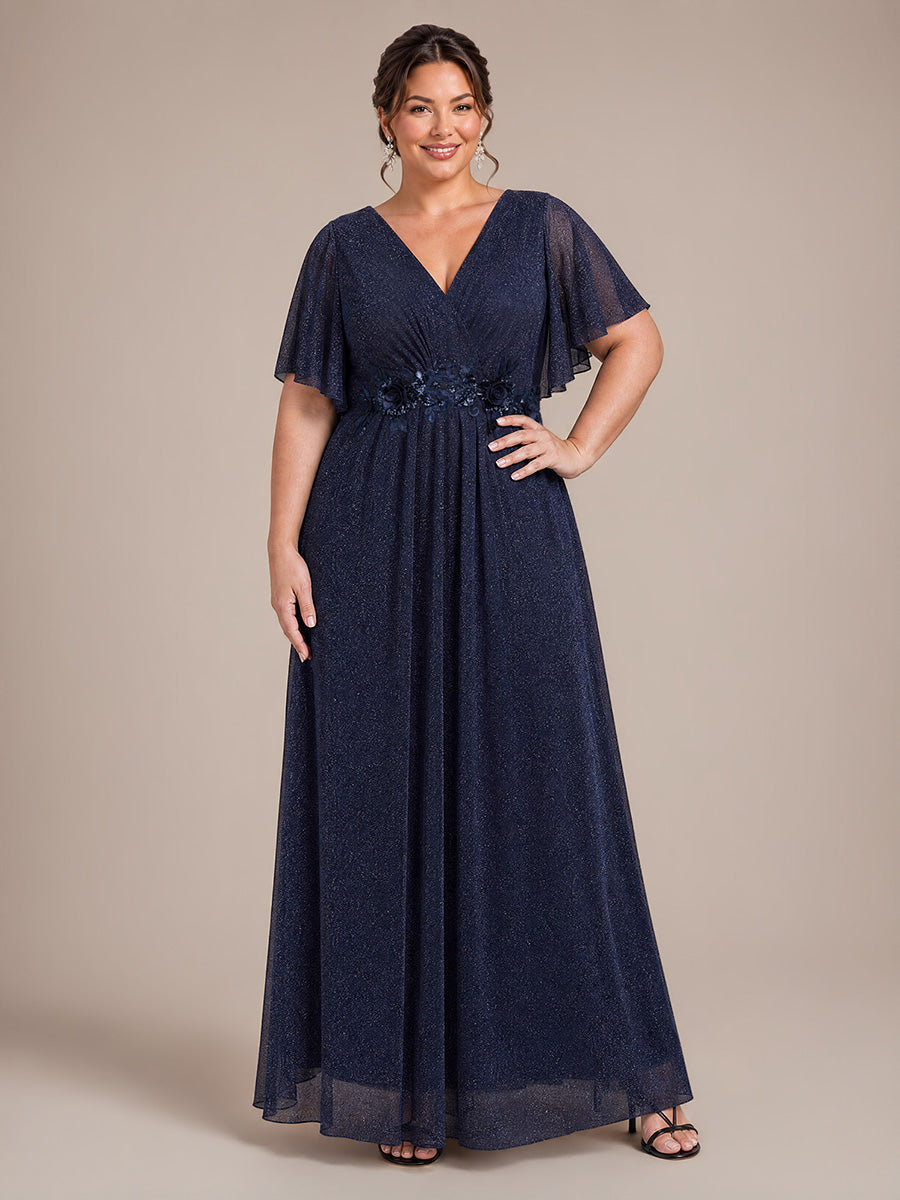 robe maxi plissée à manches courtes en V avec ourlet volant et fermeture éclair au dos #Couleur_Bleu Marine