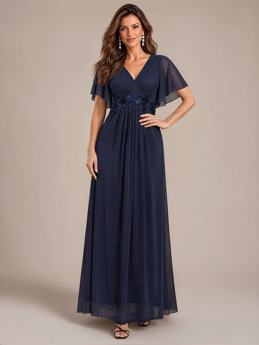 robe maxi plissée à manches courtes en V avec ourlet volant et fermeture éclair au dos #Couleur_Bleu Marine