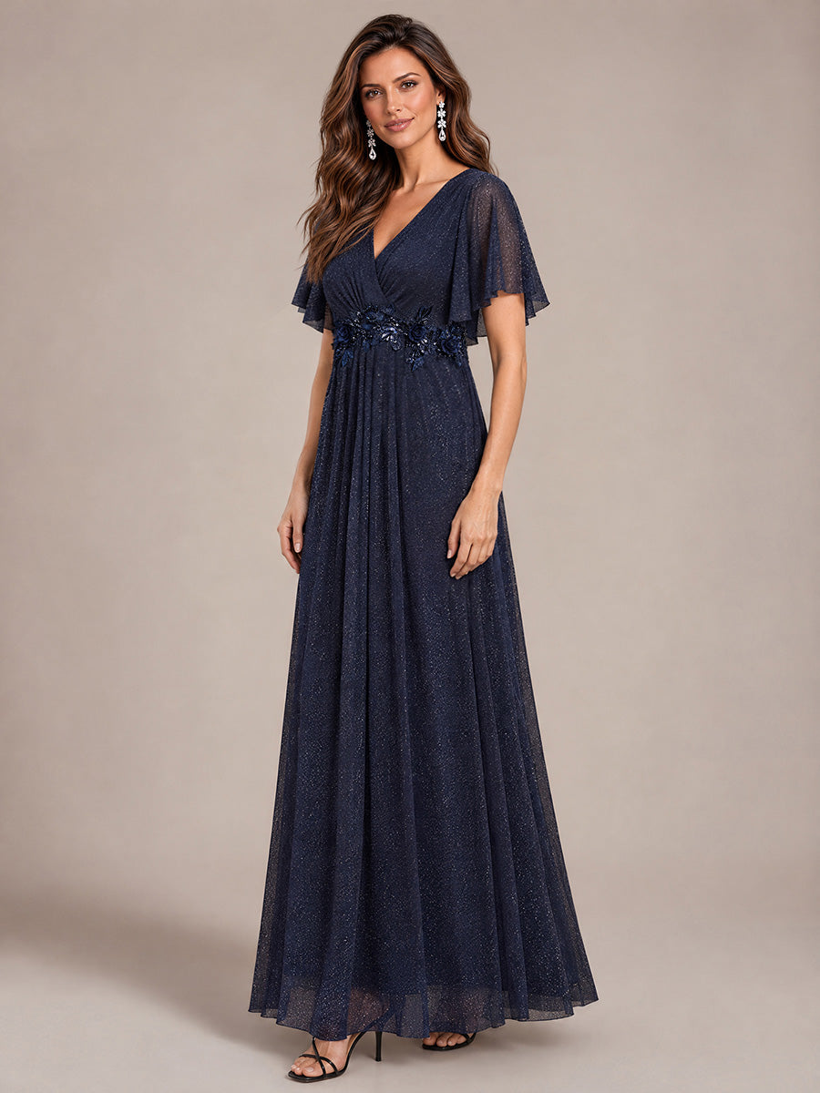 robe maxi plissée à manches courtes en V avec ourlet volant et fermeture éclair au dos #Couleur_Bleu Marine