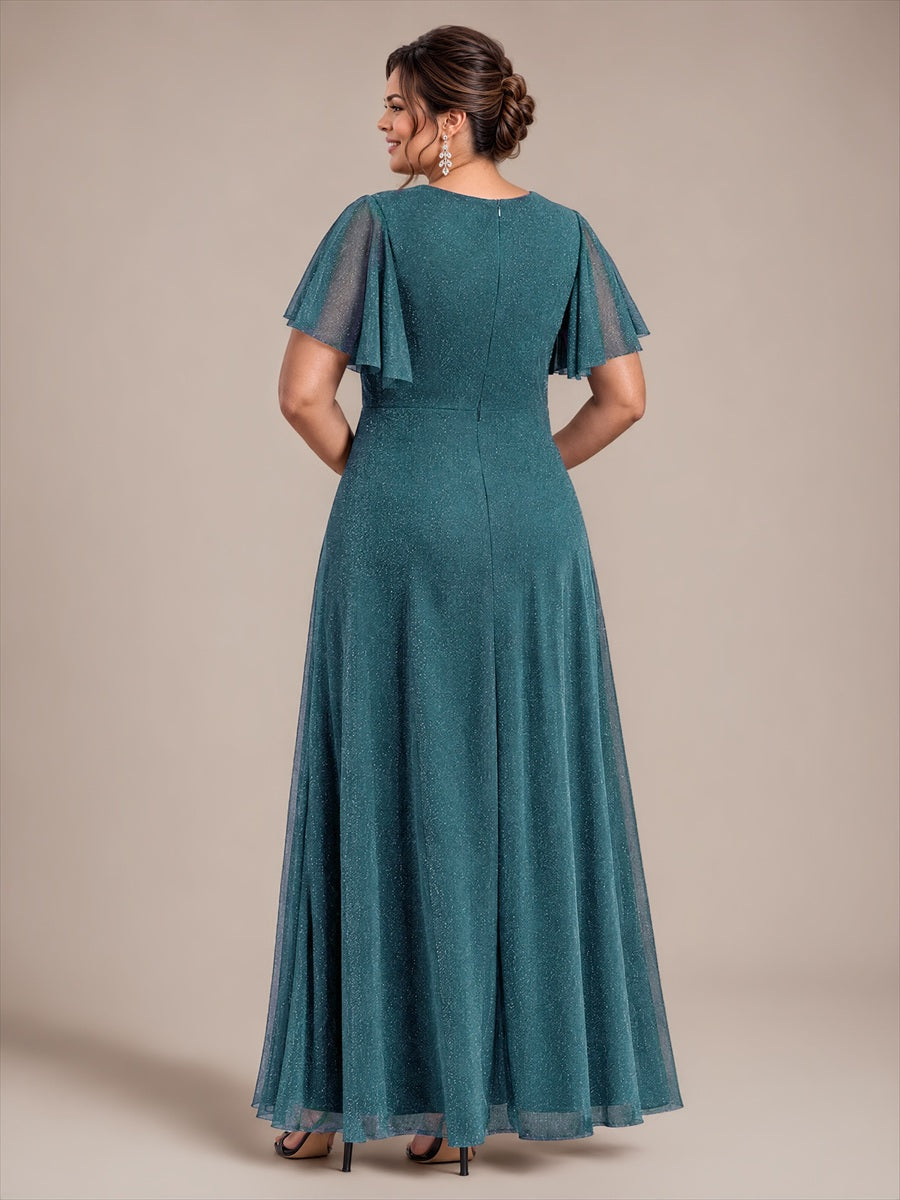 robe maxi plissée à manches courtes en V avec ourlet volant et fermeture éclair au dos #Couleur_Bleu Sarcelle