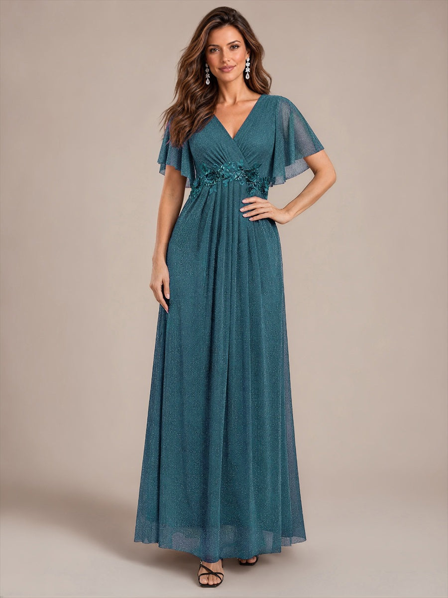 robe maxi plissée à manches courtes en V avec ourlet volant et fermeture éclair au dos #Couleur_Bleu Sarcelle