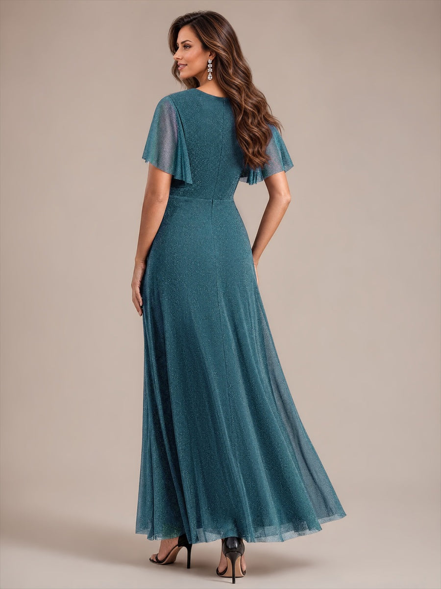robe maxi plissée à manches courtes en V avec ourlet volant et fermeture éclair au dos #Couleur_Bleu Sarcelle