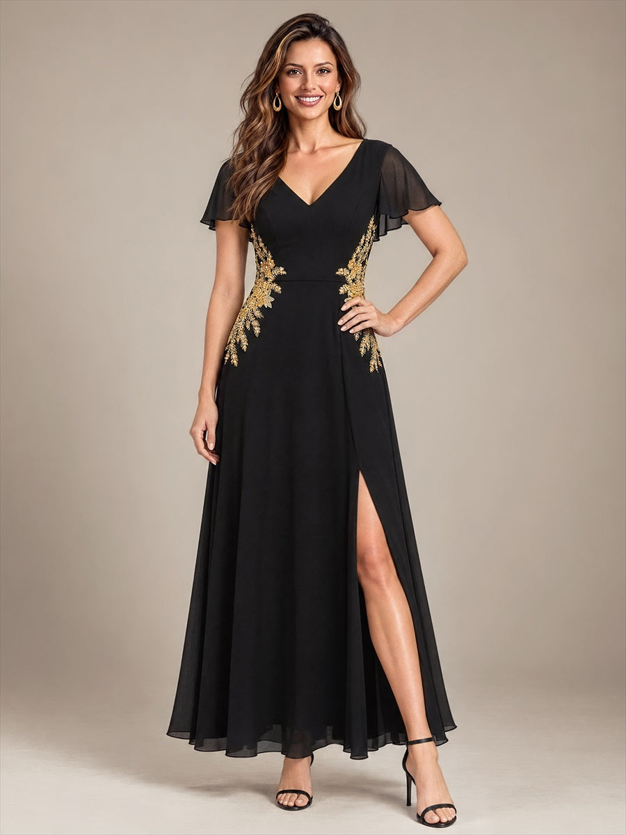 Sequins Perlé Mousseline Coupe Trapèze Col V Robe de Soirée #Couleur_Noir