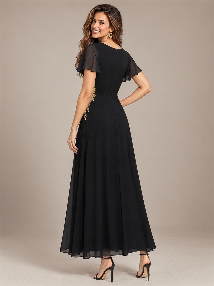 Sequins Perlé Mousseline Coupe Trapèze Col V Robe de Soirée #Couleur_Noir