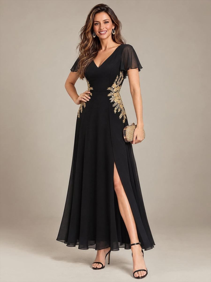 Sequins Perlé Mousseline Coupe Trapèze Col V Robe de Soirée #Couleur_Noir