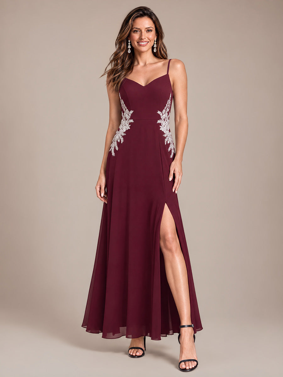 Sequins Mousseline Coupe Trapèze Col V Sans Manches Robe de Soirée #Couleur_Bordeaux