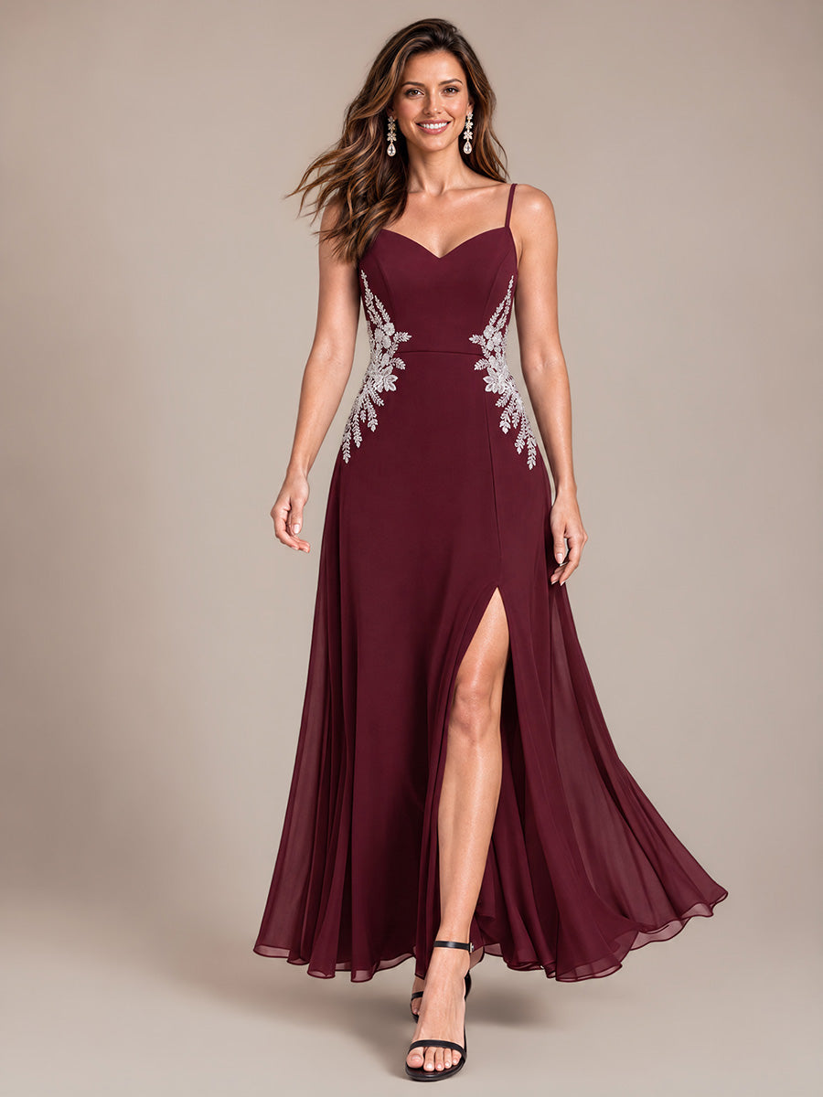 Sequins Mousseline Coupe Trapèze Col V Sans Manches Robe de Soirée #Couleur_Bordeaux