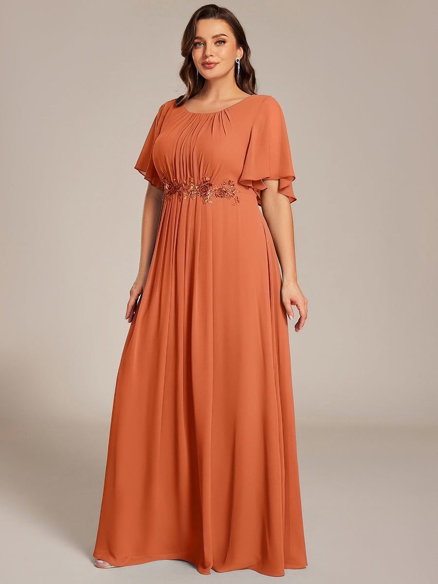 Robe D'invité De Mariage En Mousseline De Soie Mi-Longue Plissée à Manches à Volants Et Col En V #Couleur_Melon Ambré