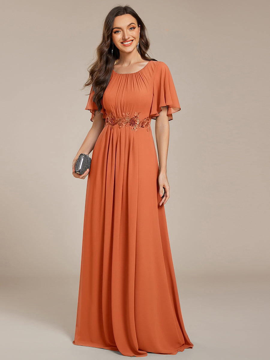 Robe D'invité De Mariage En Mousseline De Soie Mi-Longue Plissée à Manches à Volants Et Col En V #Couleur_Melon Ambré