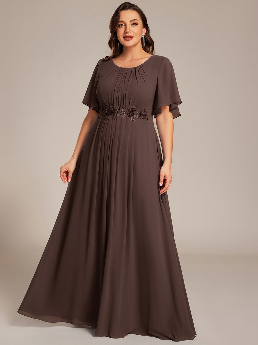 Robe de soirée trapèze à manches courtes et appliques plissées #Couleur_Brun espresso