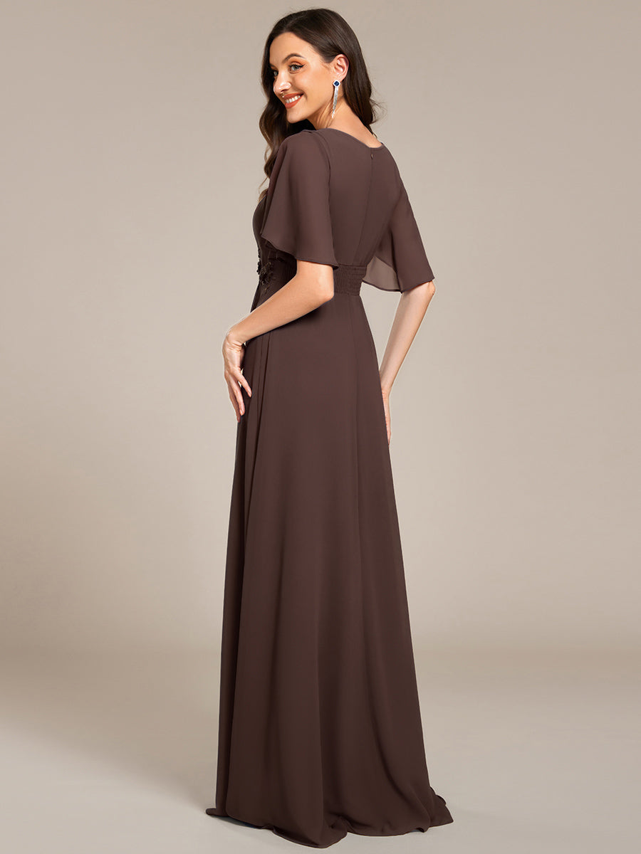 Robe de soirée trapèze à manches courtes et appliques plissées #Couleur_Brun espresso
