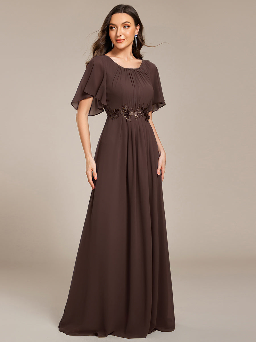 Robe D'invité De Mariage En Mousseline De Soie Mi-Longue Plissée à Manches à Volants Et Col En V #Couleur_Marron Espresso