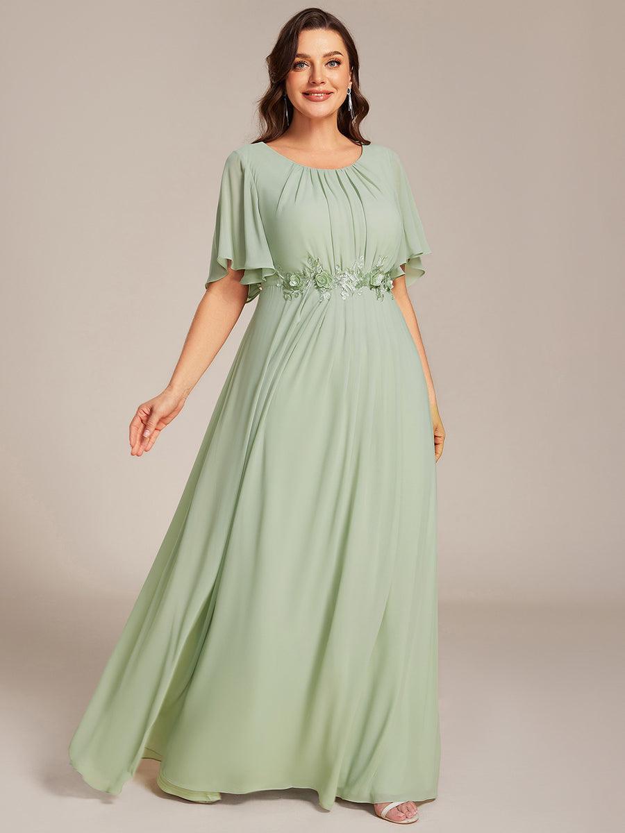 Robe de soirée trapèze à manches courtes et appliques plissées #Couleur_Menthe Verte