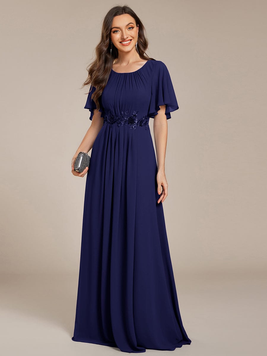 Robe D'invité De Mariage En Mousseline De Soie Mi-Longue Plissée à Manches à Volants Et Col En V #Couleur_Bleu Marine
