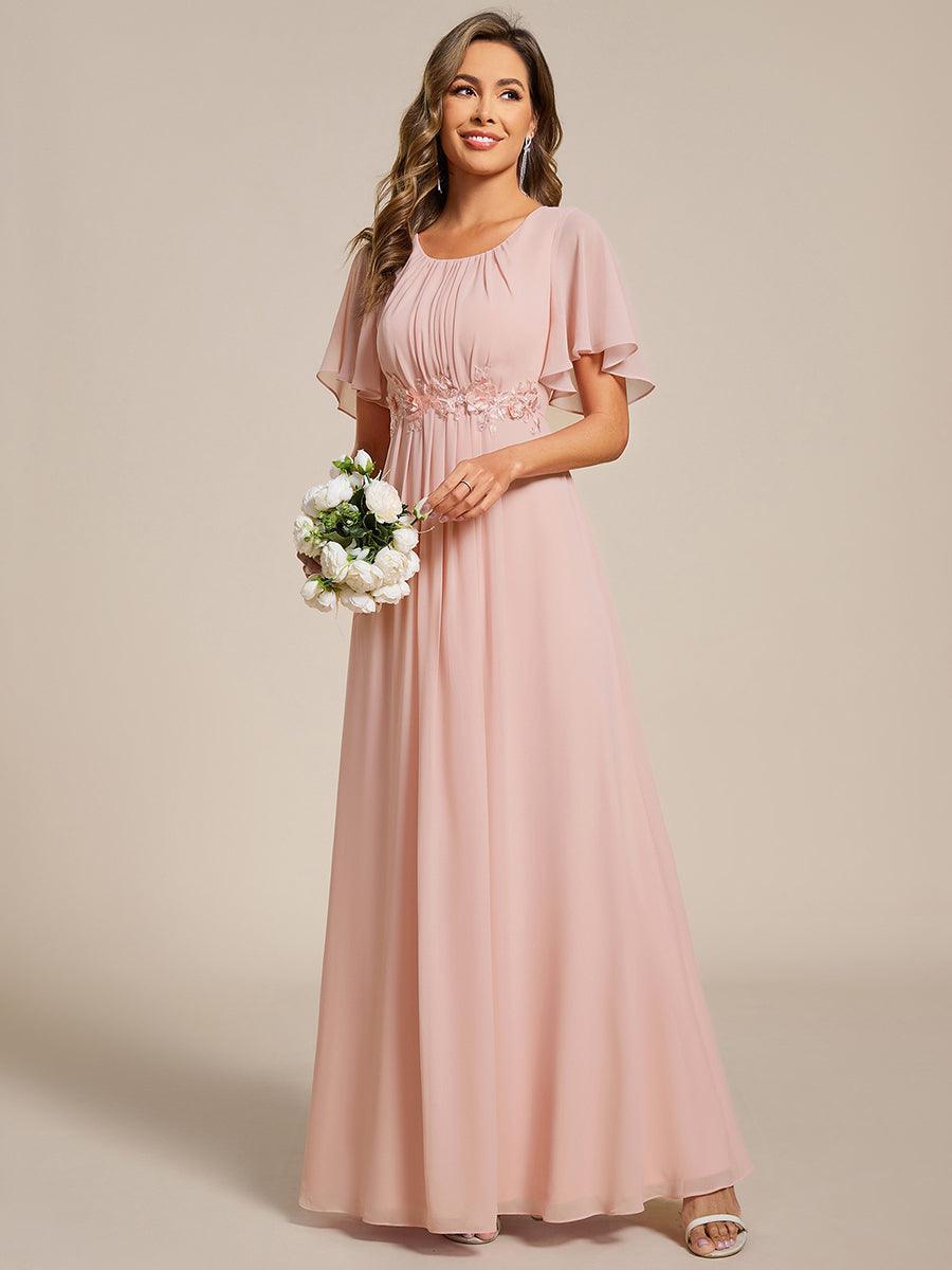 Robe de soirée trapèze à manches courtes et appliques plissées #Couleur_Rose