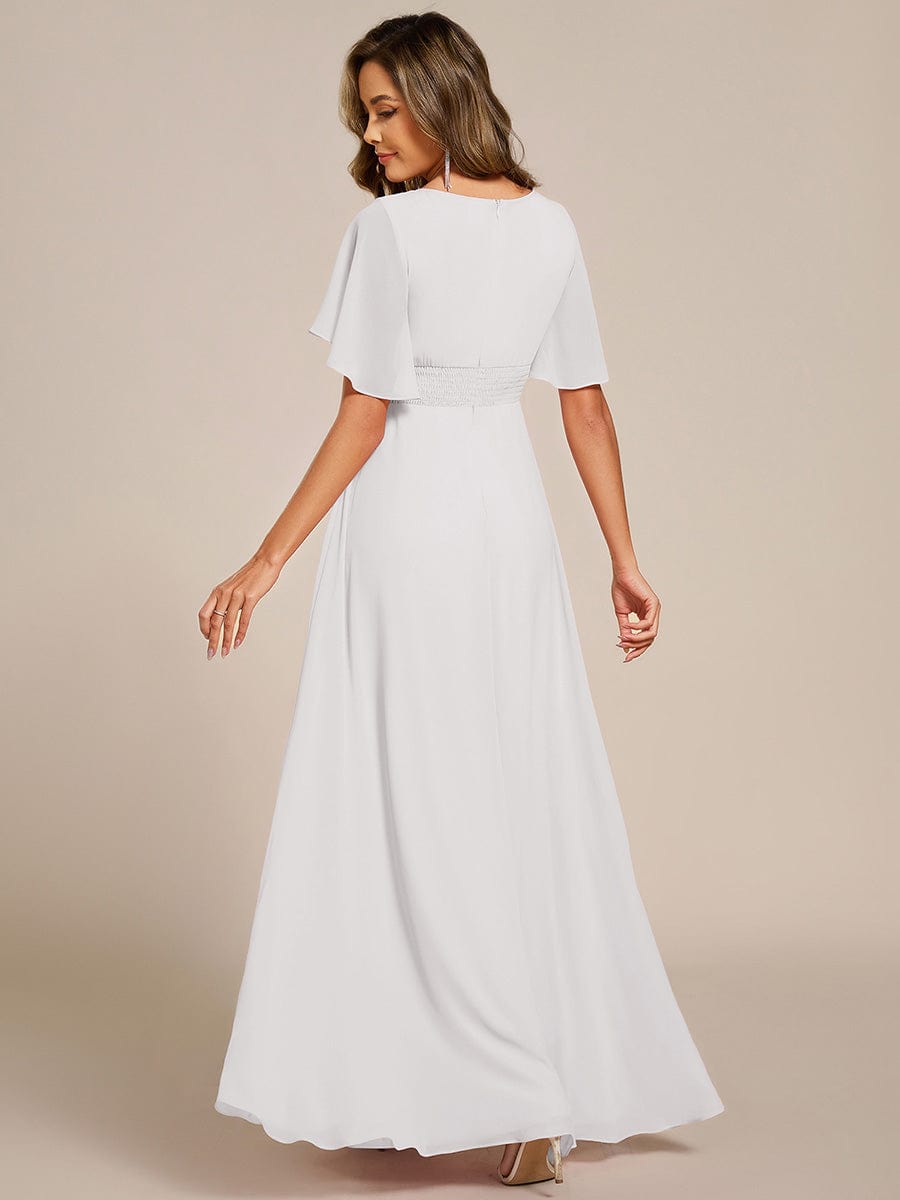 Robe D'invité De Mariage En Mousseline De Soie Mi-Longue Plissée à Manches à Volants Et Col En V  #Couleur_Blanc