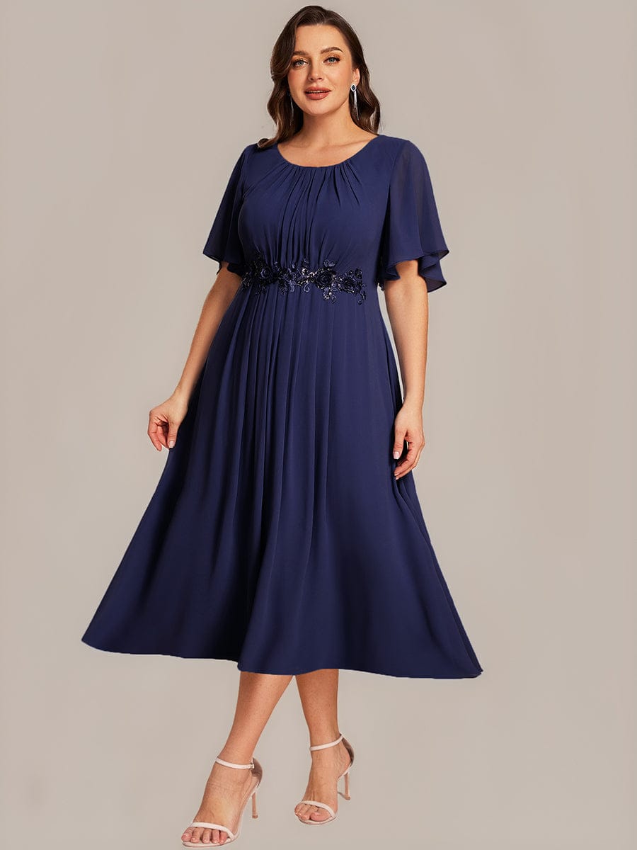 Robe de mariée trapèze à manches courtes avec appliqués plissés #Couleur_Bleu Marine