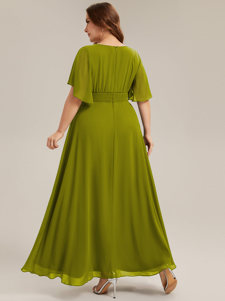 Robe D'invité De Mariage En Mousseline De Soie Mi-Longue Plissée à Manches à Volants Et Col En V #Couleur_Citron