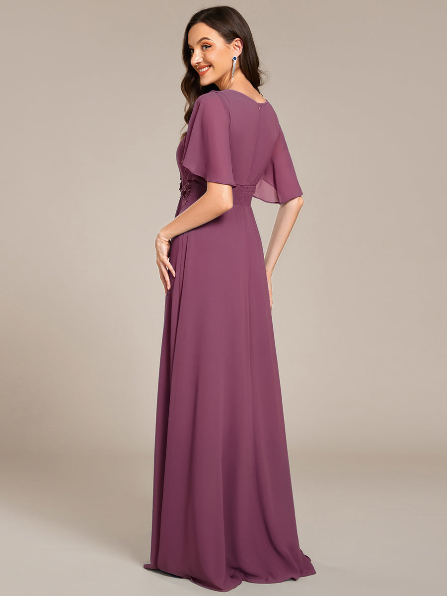 Robe de soirée trapèze à manches courtes et appliques plissées #Couleur_DS